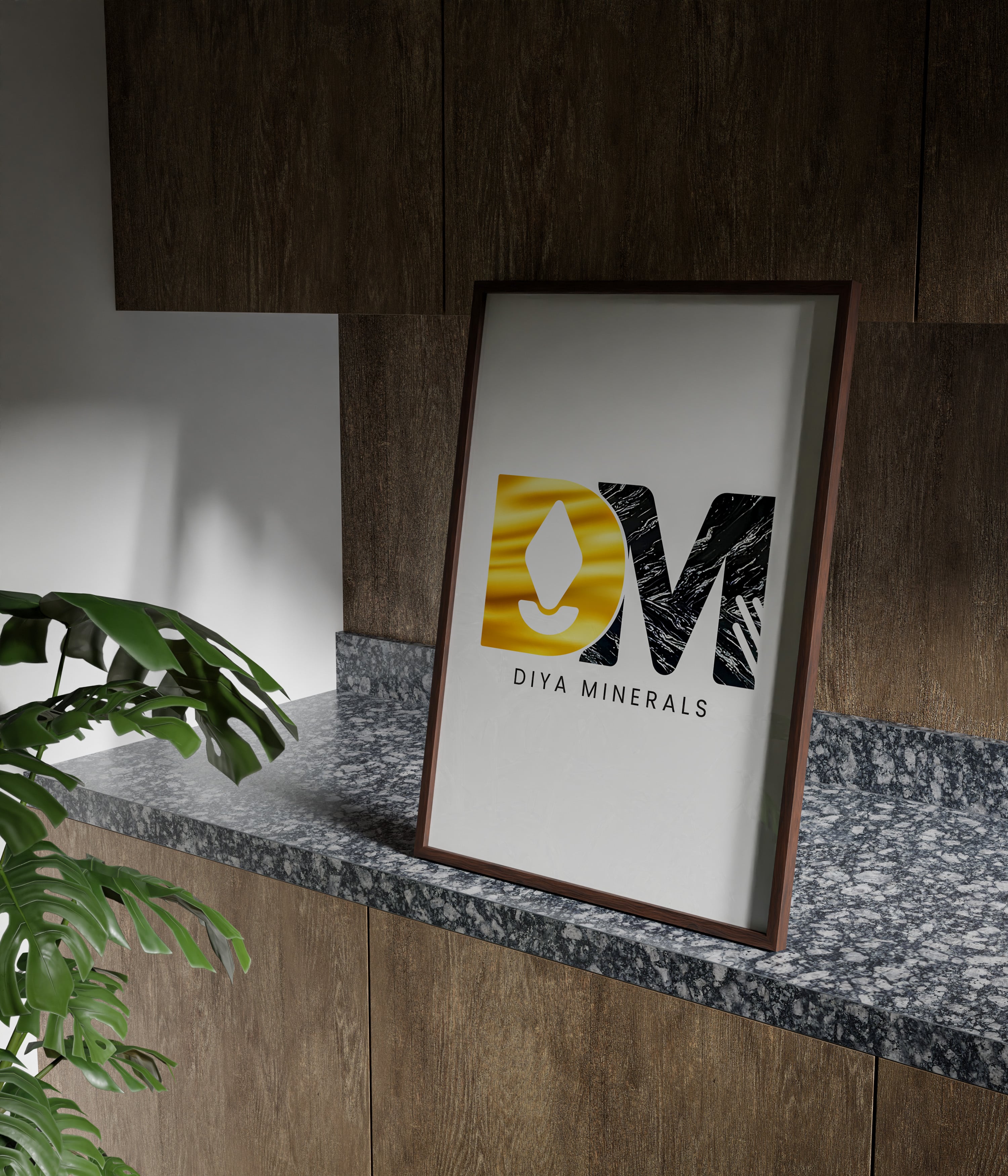 Framed Dmiya Minerals logo in yellow and black on a textured wall with a green plant beside it
