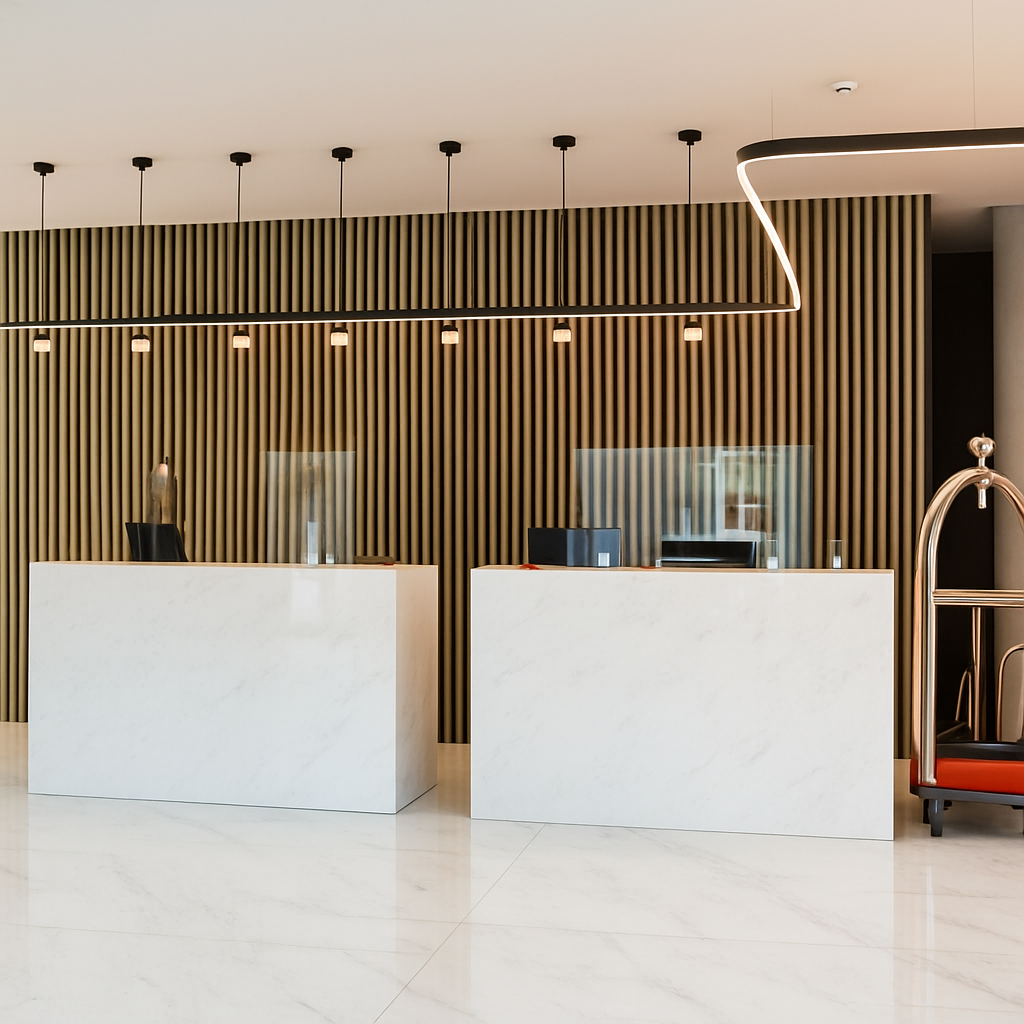 Reception area with marble flooring and wood paneling wall