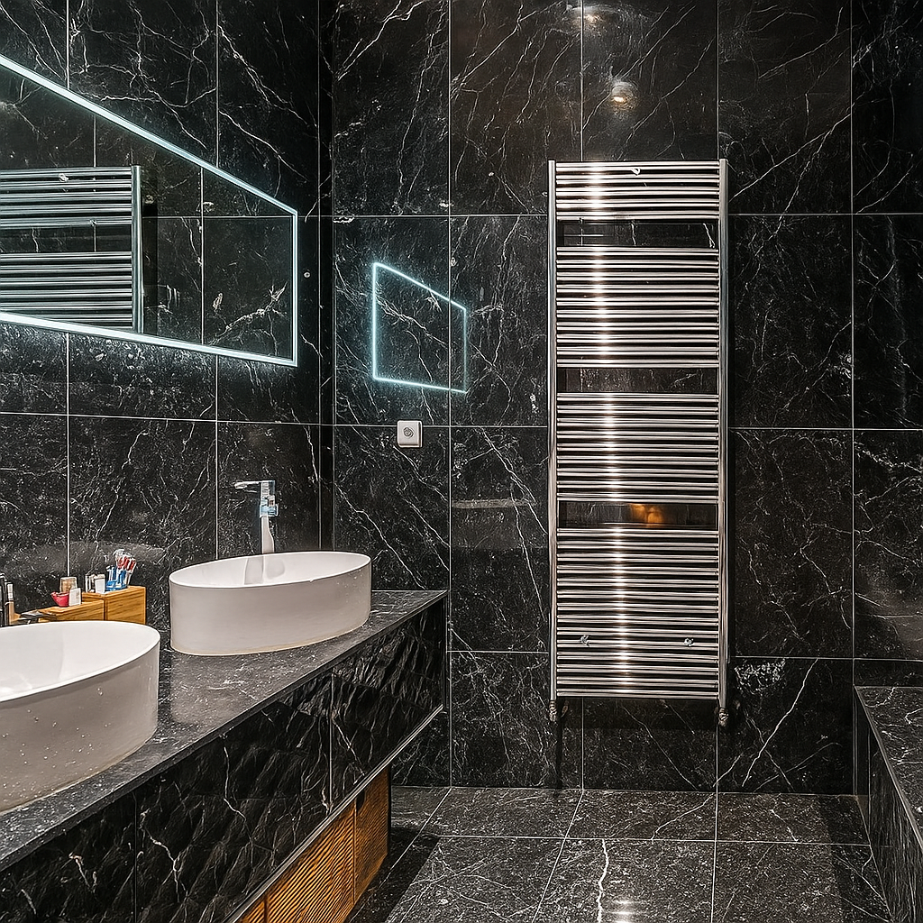 Black marble bathroom interior with modern fixtures and lighting